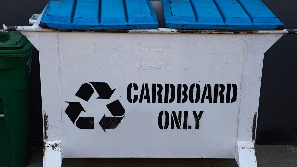 Conteneur réservé au carton marqué « Cardboard Only », exemple de tri par matière en vue du recyclage.